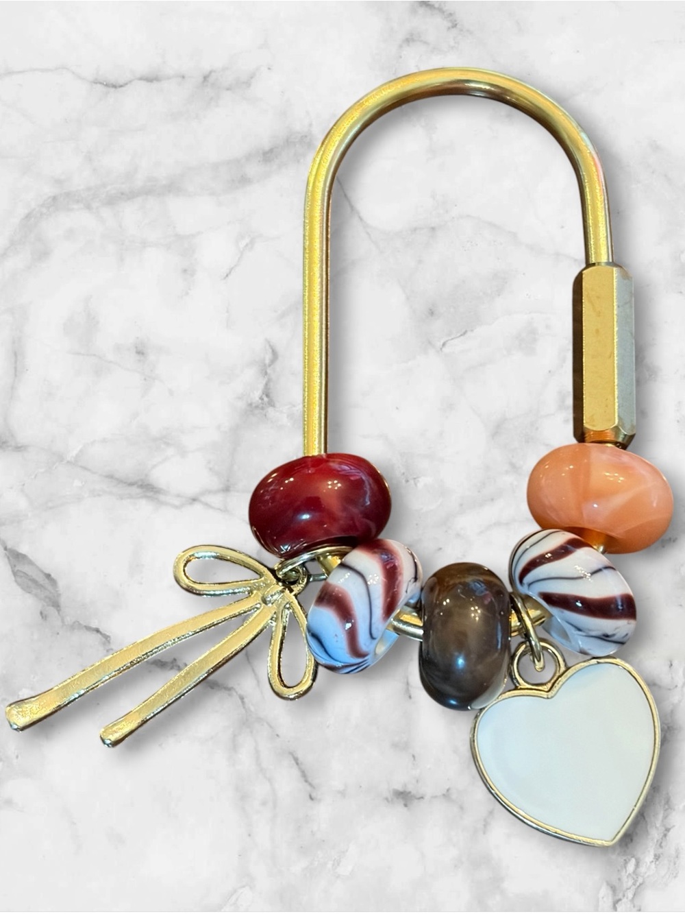 Gold-Tone Heart Charm Keyring with Multicolor Glass Beads
